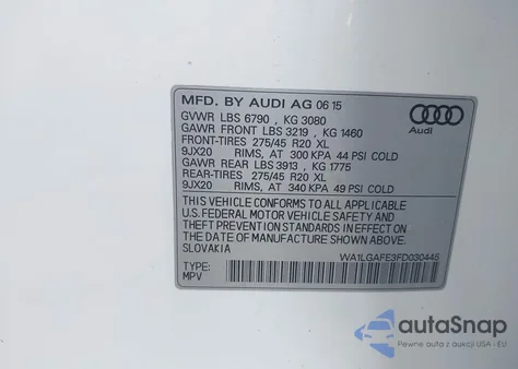 2015 Audi Q7 3.0T Premium z USA, uszkodzony, nr VIN WA1LGAFE3FD030445